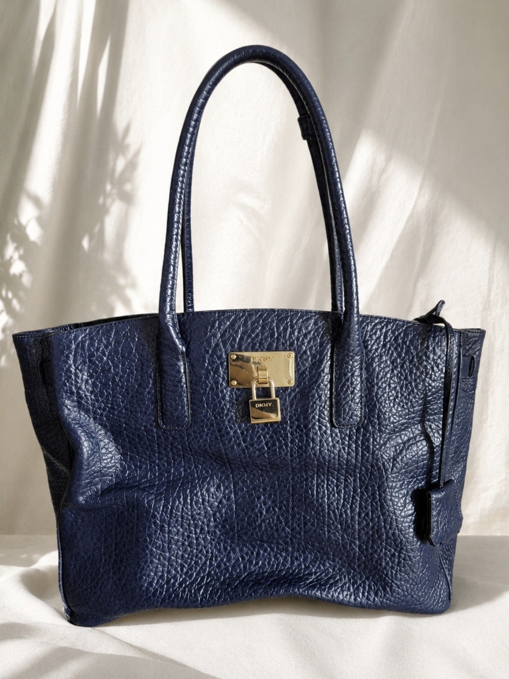 Vintage DKNY Navy Pebbled Leather Padlock Tote Bag